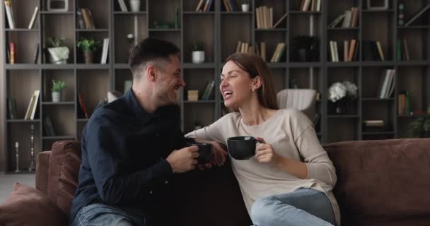 Ζευγάρι ερωτευμένο κάθεται στον καναπέ κρατώντας κύπελλα απολαύσετε τη συζήτηση — Αρχείο Βίντεο