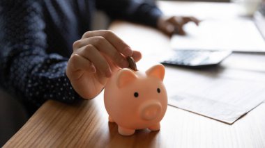 Küçük domuzcuk kumbarasına para yerleştirirken elinizi kapatın.