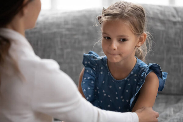 Loving mom support comfort unhappy small daughter