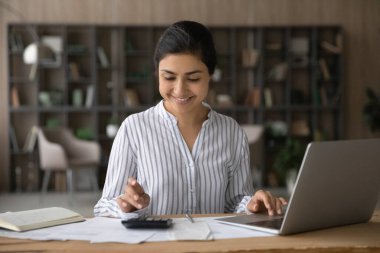 Mutlu Hintli kadın internet üzerinden ödeme yapıyor.