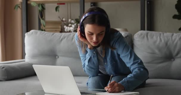 Fokussierte Millennials-Frau studiert distanziert zu Hause. — Stockvideo