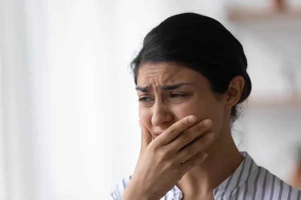 Close up of depressed frustrated Indian woman crying, feeling anxiety — Photo