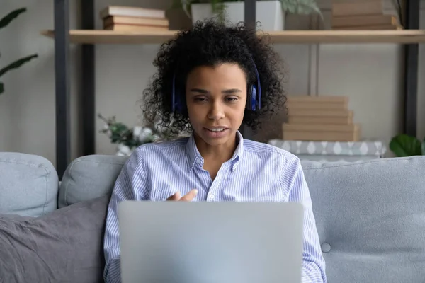 African American woman in headphones have webcam call — Stock Photo, Image