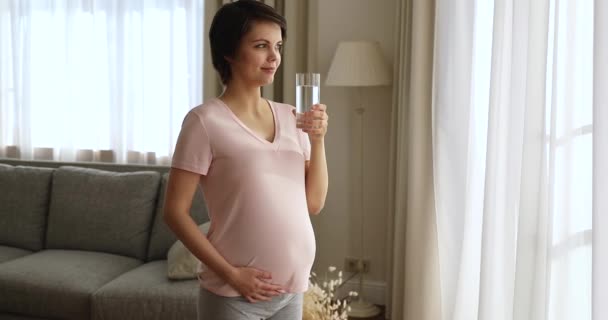 Gelukkig vredig jong zwanger vrouw drinken glas water. — Stockvideo