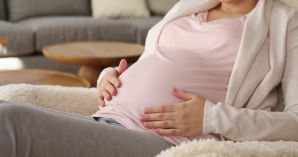 Feliz sincero atraente jovem mãe acariciando grande barriga. — Vídeo de Stock