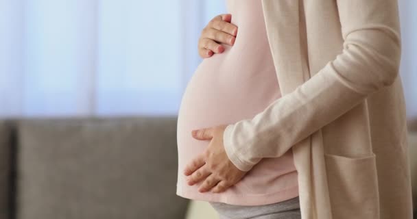 Fechar a jovem grávida acariciando barriga grande. — Vídeo de Stock