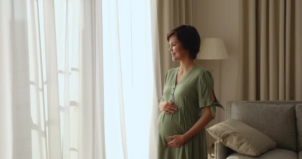 Glücklich verträumte junge schwangere Frau tagträumt zu Hause. — Stockvideo