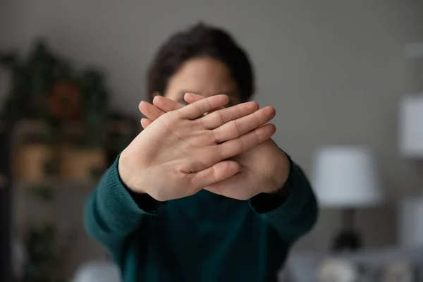 Close up woman showing stop or defense sign, saying no — Stock Photo, Image