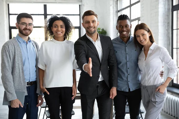 Portrait of smiling diverse businesspeople meet new employee — Stock Photo, Image