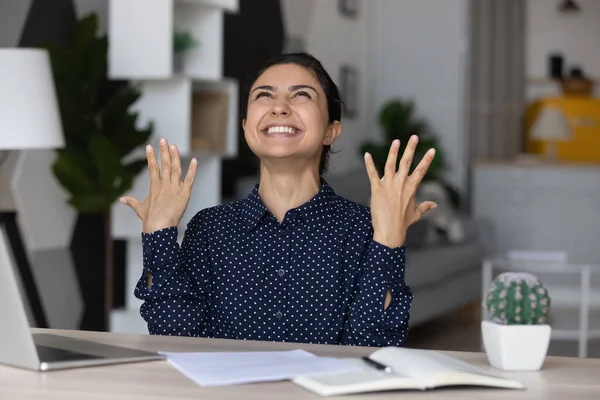 Excited Indian woman feel euphoric with good news — стокове фото