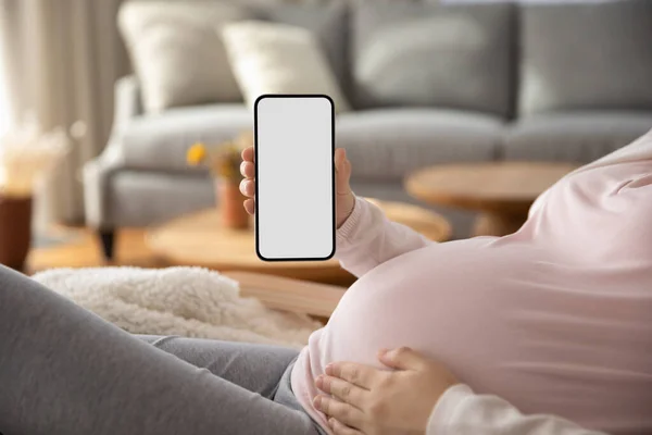 Pregnant woman showing blank smartphone screen while resting on couch — Foto de Stock