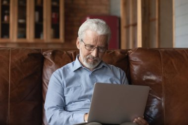 Old Caucasian man use laptop relaxing at home
