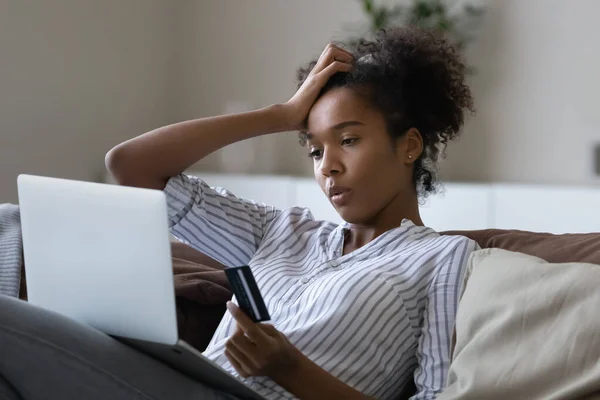 Unhappy African American woman distressed with payment problems — Stock Photo, Image