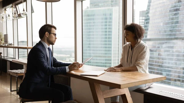 African applicant pass job interview in modern skyscraper office — Stock Photo, Image