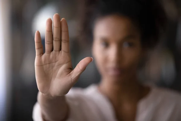 Close up of ethnic woman show palm demonstrate protest — Foto de Stock