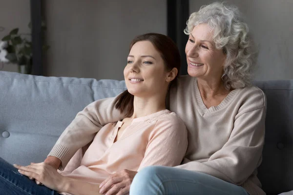 Happy old mother and grownup daughter relax dreaming — Foto de Stock