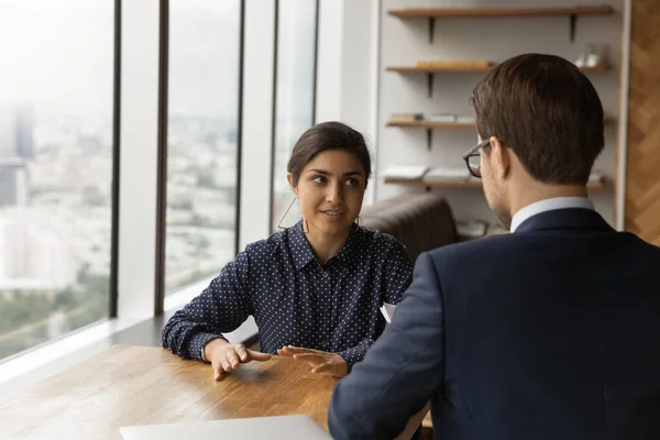 Young attractive Indian ethnicity female applicant pass job interview — Photo