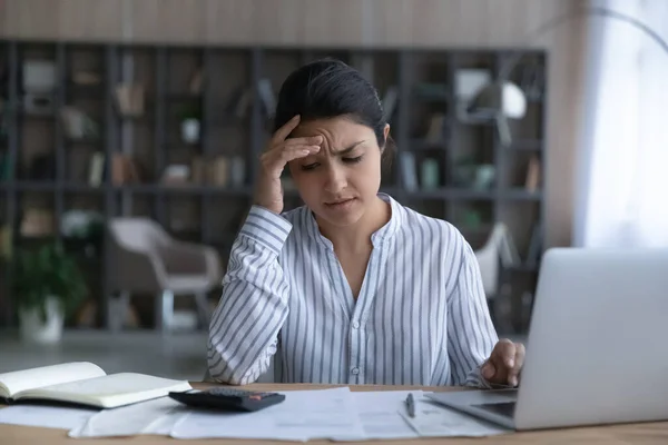 Unhappy Indian woman distressed with financial problems — Stock Photo, Image