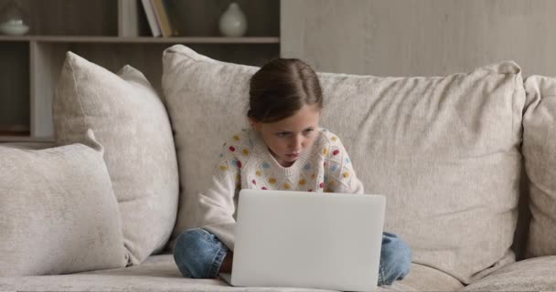 Menina sentar-se no sofá com laptop estudando usando o site da internet — Vídeo de Stock