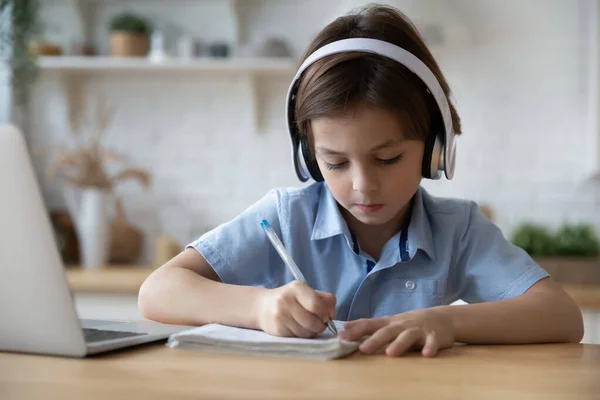 Geconcentreerde kleine jongen studeren op online cursussen. — Stockfoto