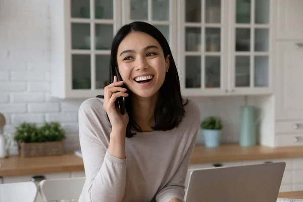 Happy beautiful young korean asian woman holding phone call conversation. — Stock Photo, Image