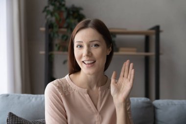 Gülümseyen çekici genç kadın uzak bir web kamera görüşmesi yapıyor..