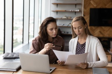 Genç bayan meslektaşlar dizüstü bilgisayarda çalışmayı düşünüyorlar