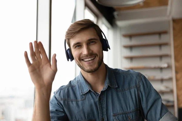 Headshot portrait of smiling Caucasian man talk on video call — Stock Photo, Image