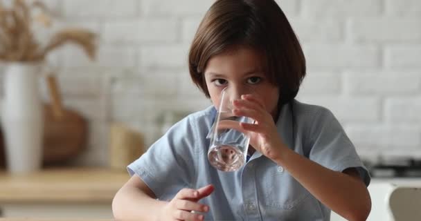 Felice bambino piccolo ragazzo bere bicchiere d'acqua. — Video Stock