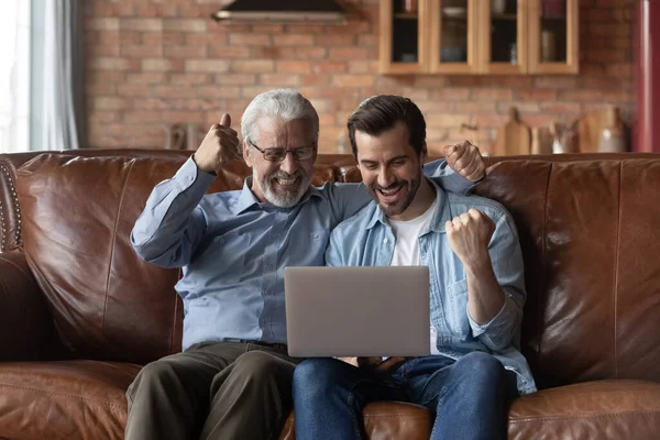 Overjoyed padre maturo e figlio celebrando il successo, utilizzando il computer portatile — Foto Stock