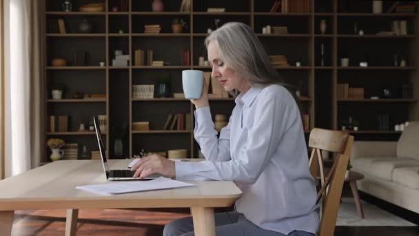 Reife Frau trinkt Tee mit Laptop am Tisch — Stockvideo