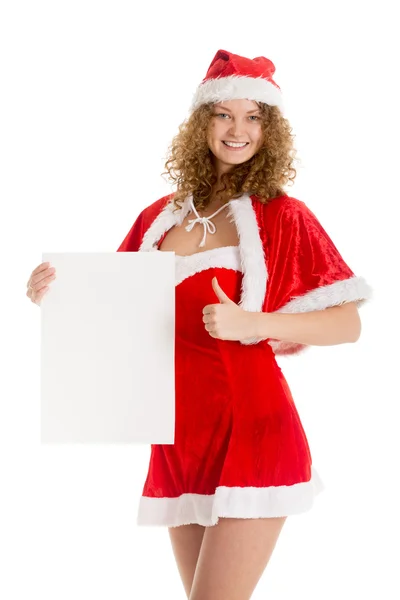Девчонка Санта держит чистую бумагу с большим пальцем вверх — стоковое фото