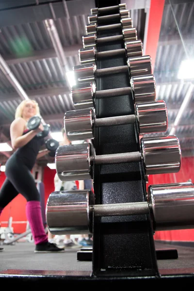 Vertical stand with dumbbells in fitness center — Stock Photo, Image