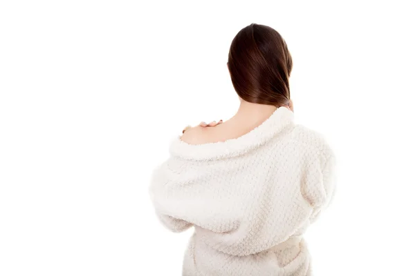 Sexig ung kvinna i vit morgonrock, bakifrån — Stockfoto