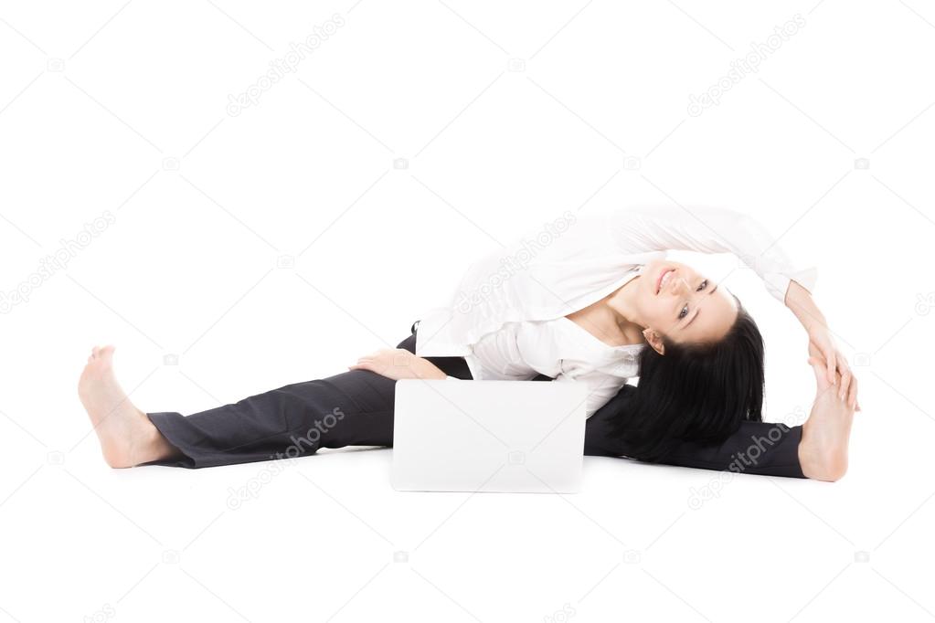 Cheerful office woman with laptop doing yoga pose on white backg