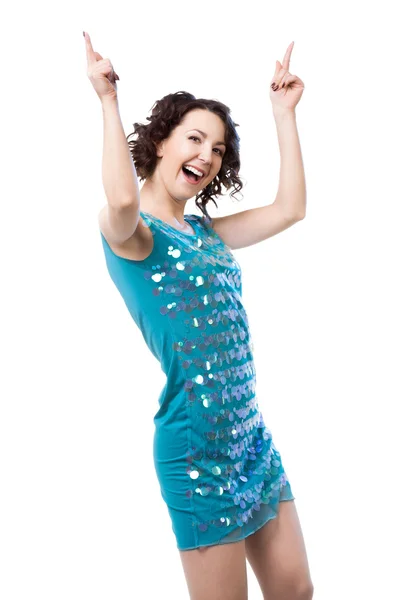 一言で言えば光沢のあるブルーのドレスを踊るアクティブな若い女性 — ストック写真
