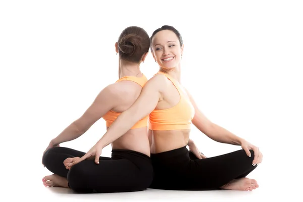 Yoga with partner, Easy (Decent, Pleasant Pose), Sukhasana — Stock Photo, Image