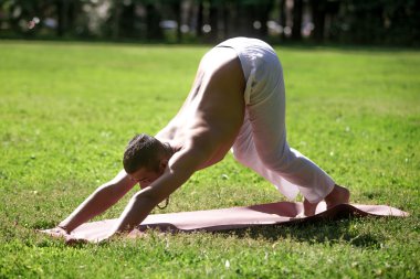 Downward facing dog yoga pose in park