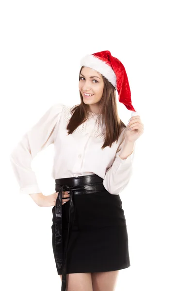 Mujer joven en traje de oficina y sombrero rojo de Santa Claus en ba blanca — Foto de Stock
