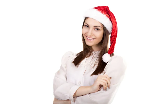 Joven mujer de negocios en sombrero de Santa Claus rojo sobre fondo blanco — Foto de Stock