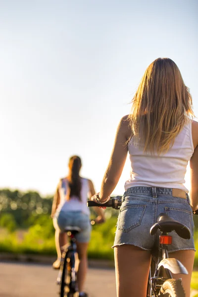 Mujeres jóvenes en bicicletas, vista trasera —  Fotos de Stock