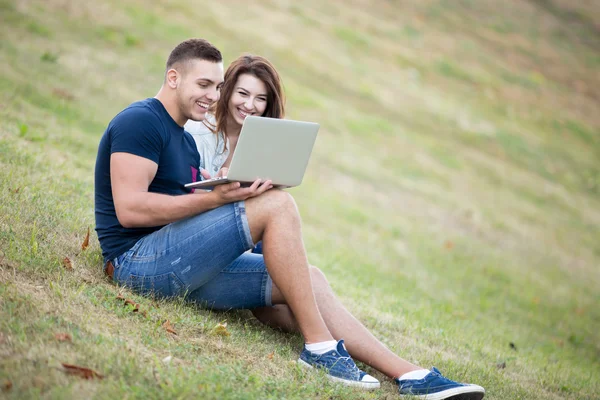 Happy couple sitting in park with laptop