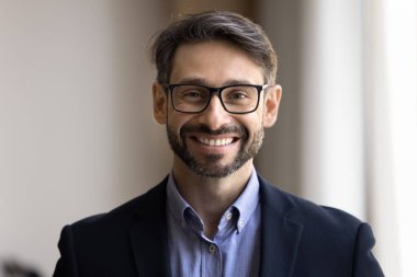 Satisfied with success. Profile head shot picture happy handsome young businessman attorney university professor corporate boss proud owner of successful startup legal agency smiling looking at camera