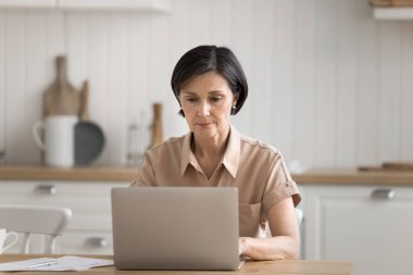 Her gün uzaktan kumanda. Mutfak masasında oturan olgun kadın muhasebeci finans analisti ev işleriyle uğraşıyor proje hazırlama araştırma raporu için defter kullanıyor.