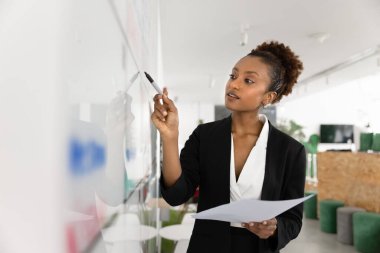 Şebeke güncellemesi. İşaretli ve evraklı genç iş kadını, proje sürelerini belirlemek için takım planlarını gözden geçirmek üzere aylık programa göre cam duvar görev tahtası notlarının yanında duruyor.