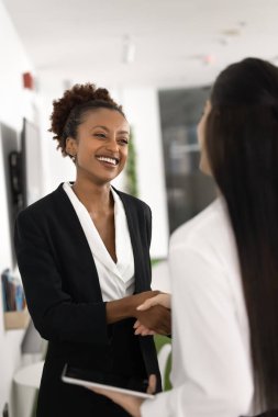 Saygılı bir tokalaşma. Resmi takım elbiseli, gülümseyen genç bir kadın iş kadınıyla el sıkışıyor. Mutlu müvekkil danışmanına şükranlarını sunar. İki profesyonel başarılı bir anlaşma yaptı.