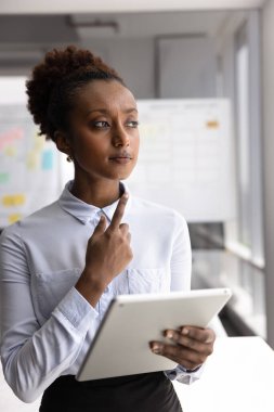 Dijital araçlarla problem çözülüyor. Düşünceli genç bayan girişimci proje yöneticisi ofiste yaratıcı planlamacı elinde tablet pc ile duruyor strateji düşünerek iş kararı vermeyi bir kenara bırakıyor