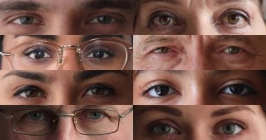 İnsan yüzleri kameraya bakan gözlüklü ve gözlüksüz gözlere odaklanır, kolaj görüntüsü kapatır. Çeşitlilik, bireysellik, profesyonel göz hekimliği sağlık hizmetleri, göz hekimi, gözlük mağazası reklamı