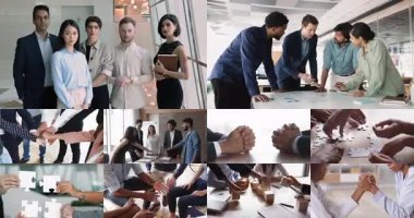 Çalışma alanındaki çeşitli iş adamları ve meslektaşlarının çalışma akışı ve iletişimi güven, takım çalışması, işbirliği, hedef başarısı, gösteri rekabeti ve beyin fırtınası, kolaj görünümü