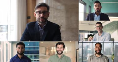 Farklı iş adamları video uygulaması, selamlama, video konferans toplantısı, olgun Portekizli takım liderinin konuşmasını dinleyerek müzakere ediyorlar. Çeşitlilik, dünya çapında iletişim, kolaj